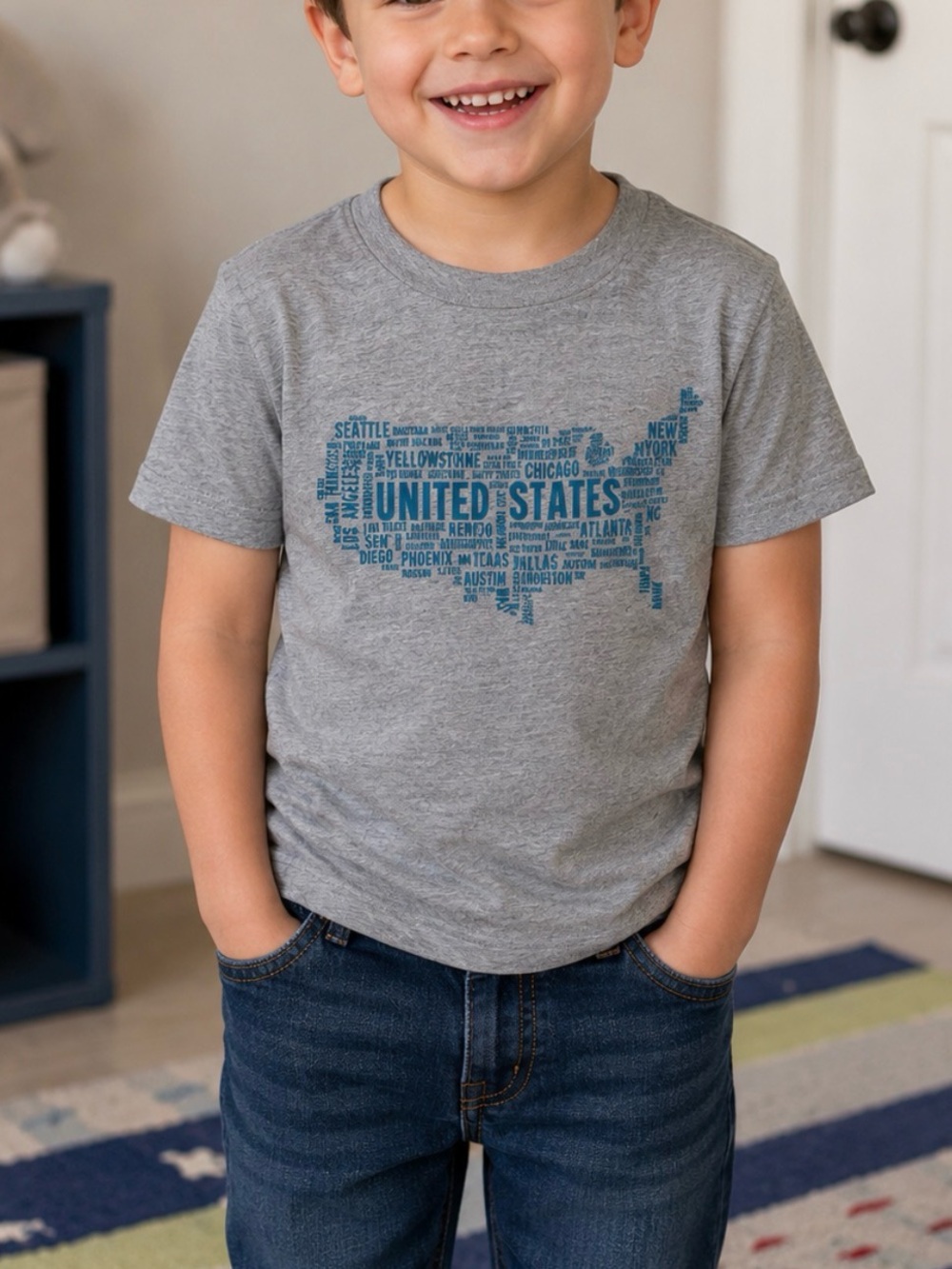 Crewcuts Gray Tee with Blue United States Word Map